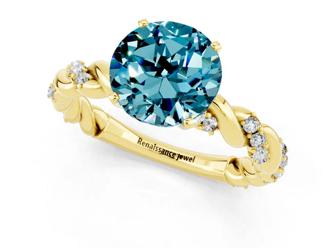 Yellow gold Round Cut Blue Topaz Solitaire Ring with Twisted Band and Pavé Accents_1