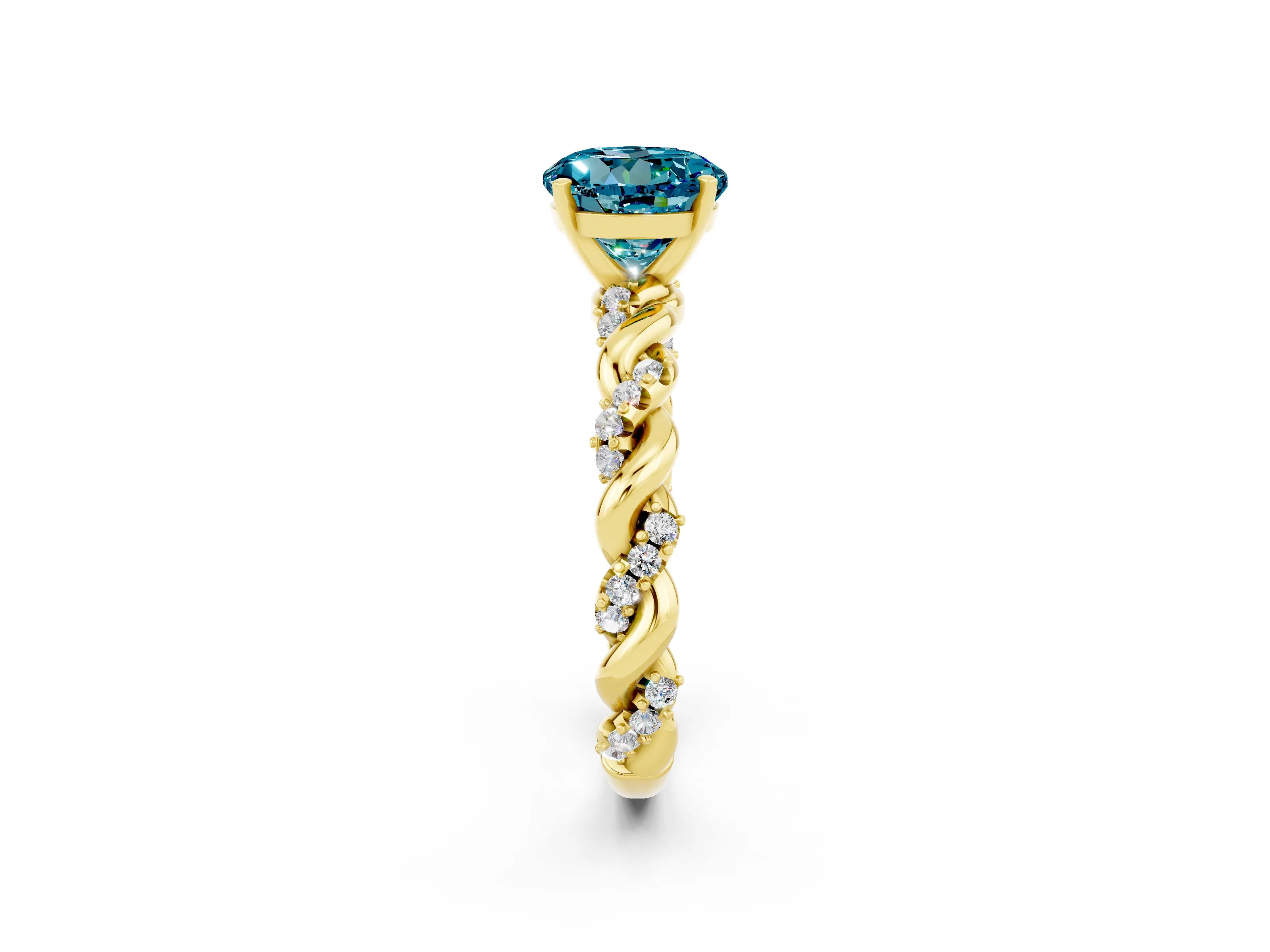 Yellow gold Round Cut Blue Topaz Solitaire Ring with Twisted Band and Pavé Accents_2