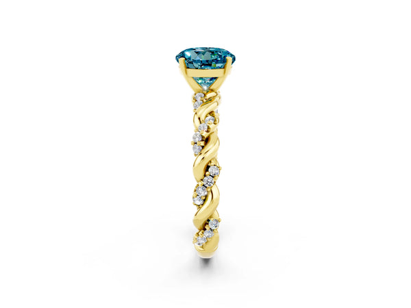Yellow gold Round Cut Blue Topaz Solitaire Ring with Twisted Band and Pavé Accents