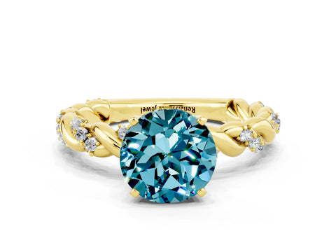 Yellow gold Round Cut Blue Topaz Solitaire Ring with Twisted Band and Pavé Accents