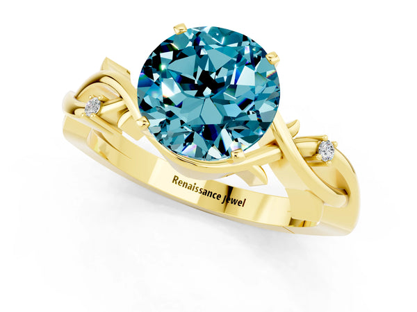 Yellow gold Round Cut Blue Topaz Solitaire Ring with Twisted Band and Prong Setting