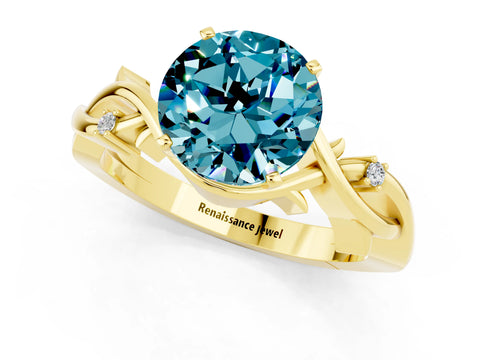 Yellow gold Round Cut Blue Topaz Solitaire Ring with Twisted Band and Prong Setting_1