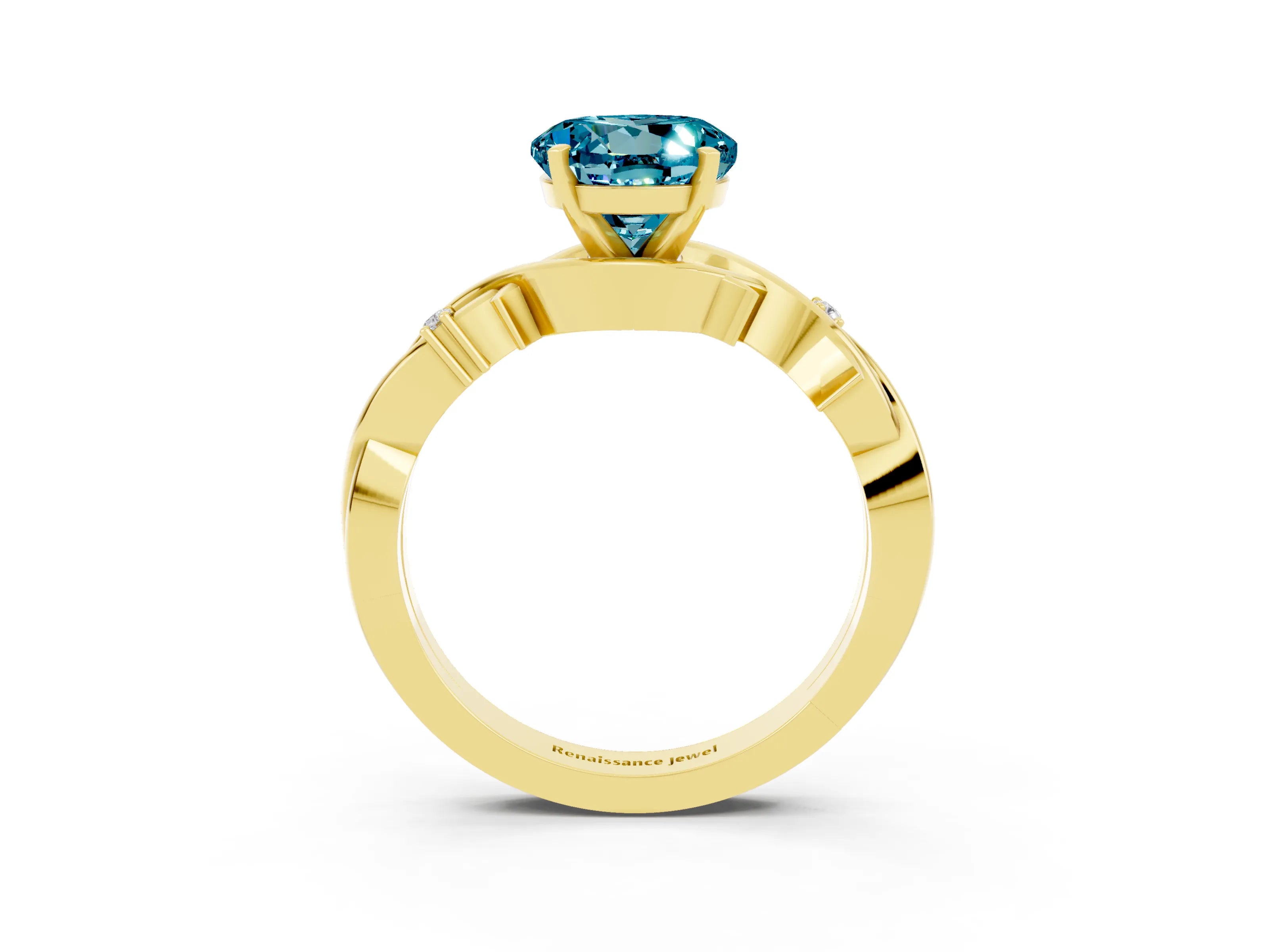 Yellow gold Round Cut Blue Topaz Solitaire Ring with Twisted Band and Prong Setting_3