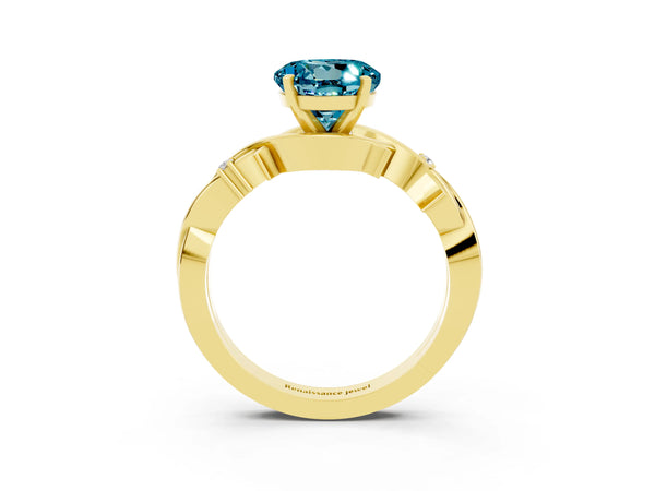 Yellow gold Round Cut Blue Topaz Solitaire Ring with Twisted Band and Prong Setting