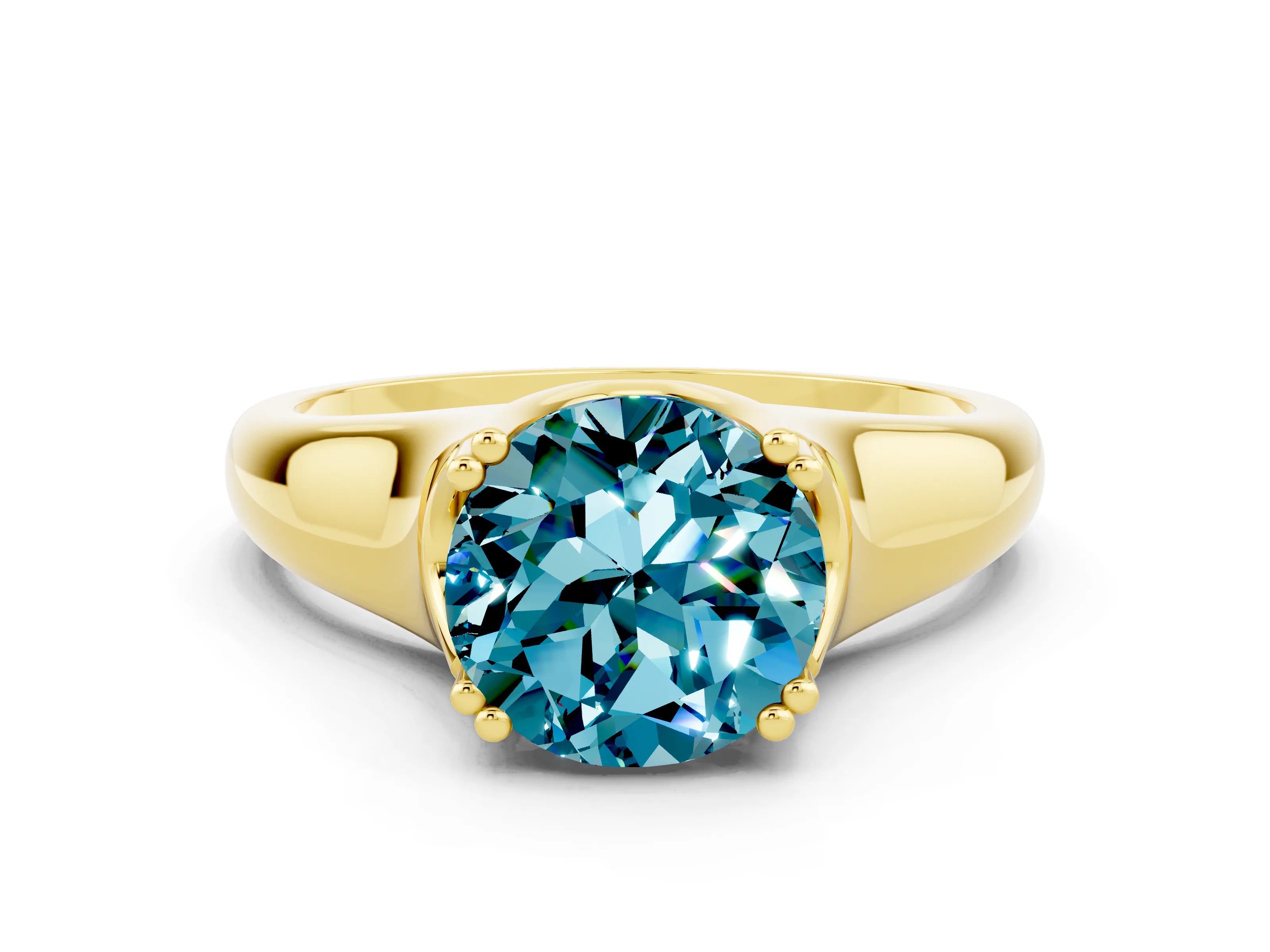 Yellow gold Round Cut Blue Topaz Solitaire Ring with Wide Band and Prong Setting