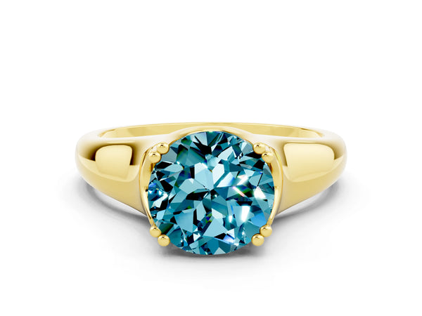 Yellow gold Round Cut Blue Topaz Solitaire Ring with Wide Band and Prong Setting