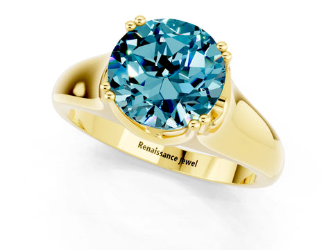 Yellow gold Round Cut Blue Topaz Solitaire Ring with Wide Band and Prong Setting_1