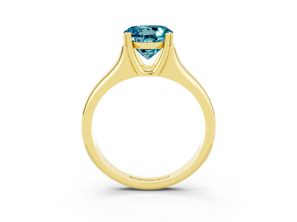 Yellow gold Round Cut Blue Topaz Solitaire Ring with Wide Band and Prong Setting