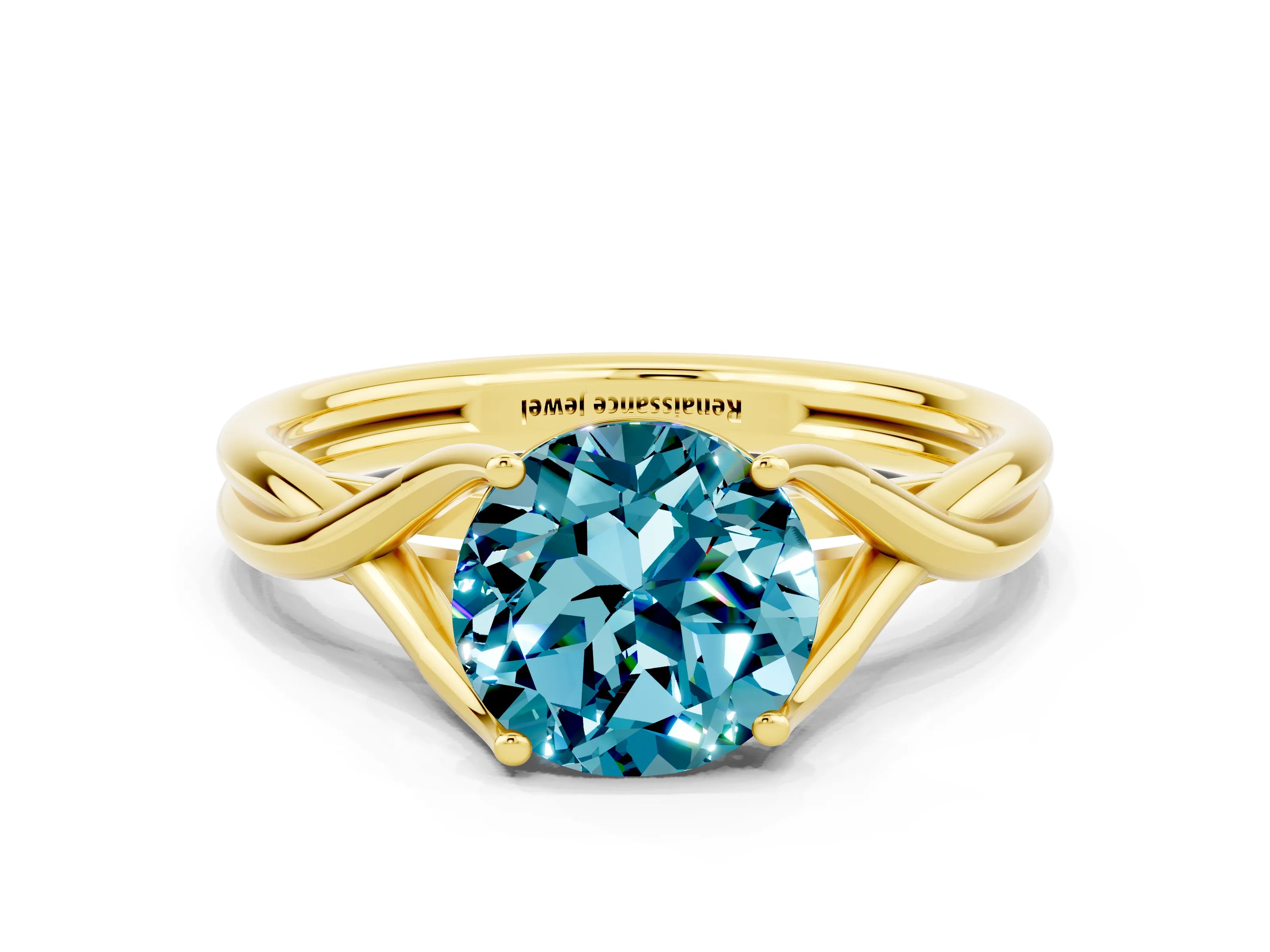 Yellow gold Round Cut Blue Topaz Solitaire Twist Band Prong Setting Ring_60