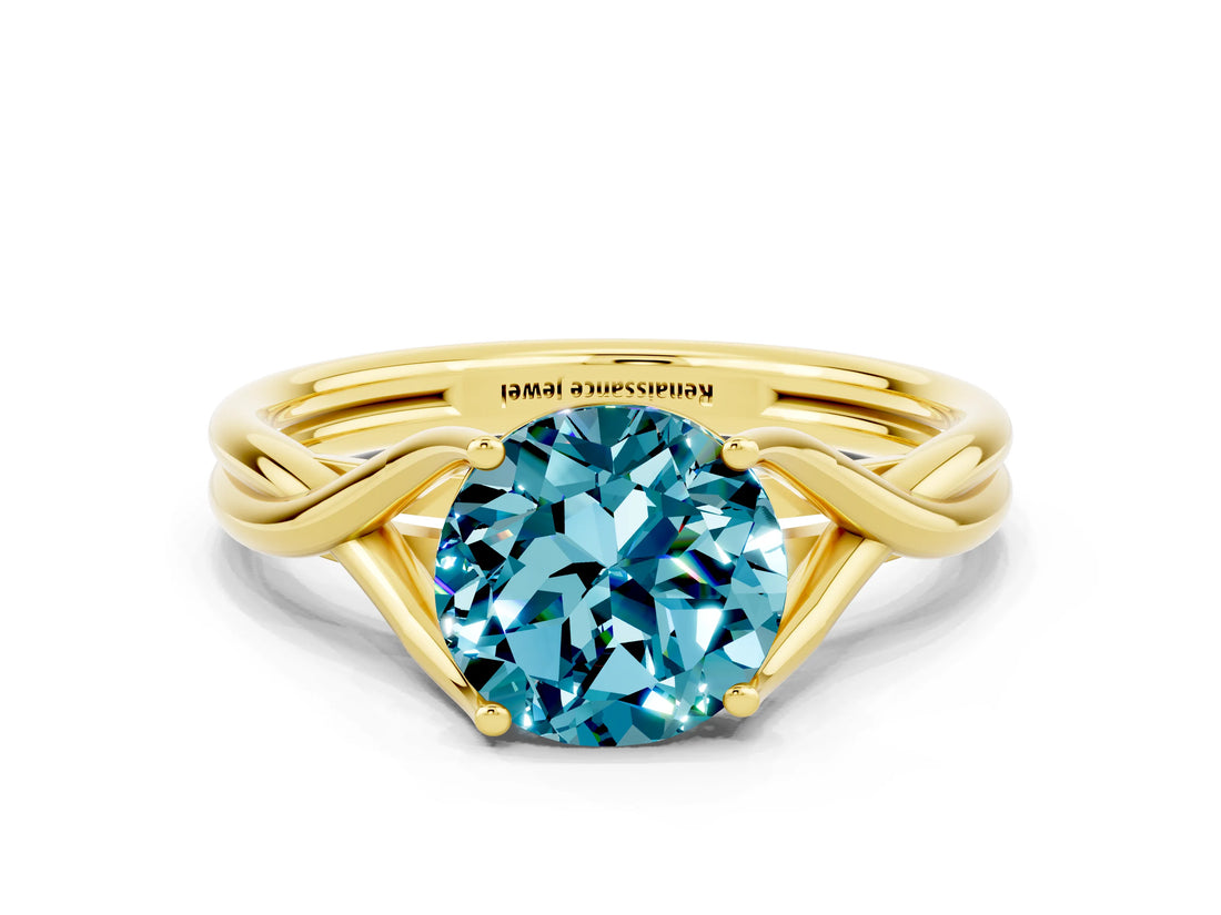 Yellow gold Round Cut Blue Topaz Solitaire Twist Band Prong Setting Ring_60