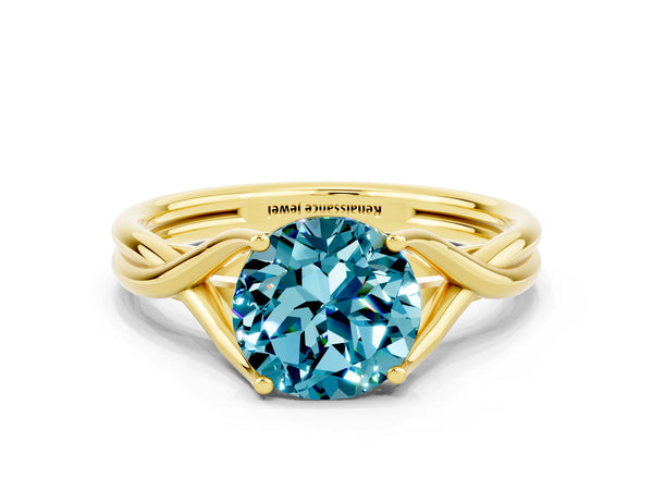Yellow gold Round Cut Blue Topaz Solitaire Twist Band Prong Setting Ring