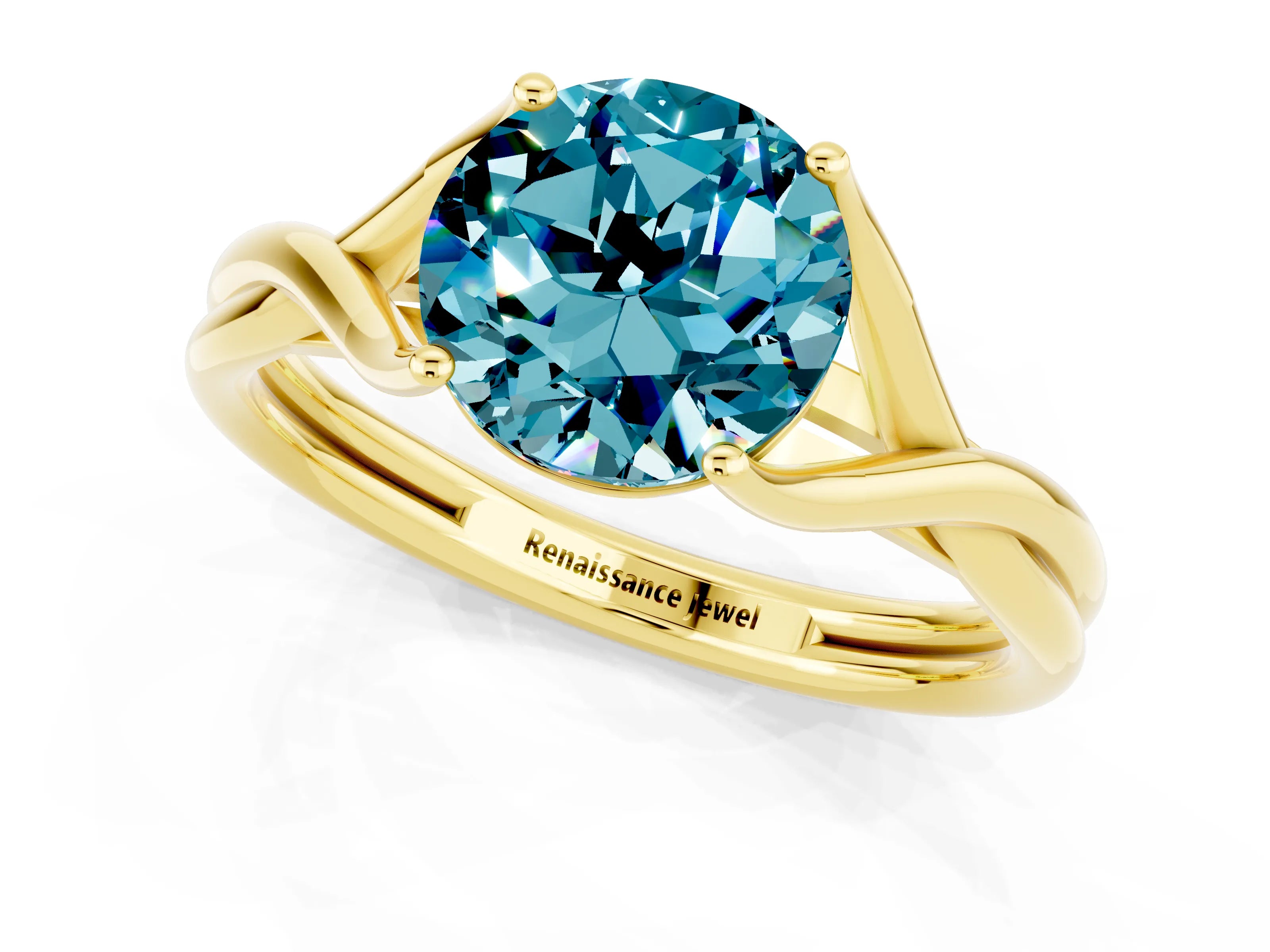 Yellow gold Round Cut Blue Topaz Solitaire Twist Band Prong Setting Ring_61
