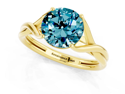 Yellow gold Round Cut Blue Topaz Solitaire Twist Band Prong Setting Ring_61