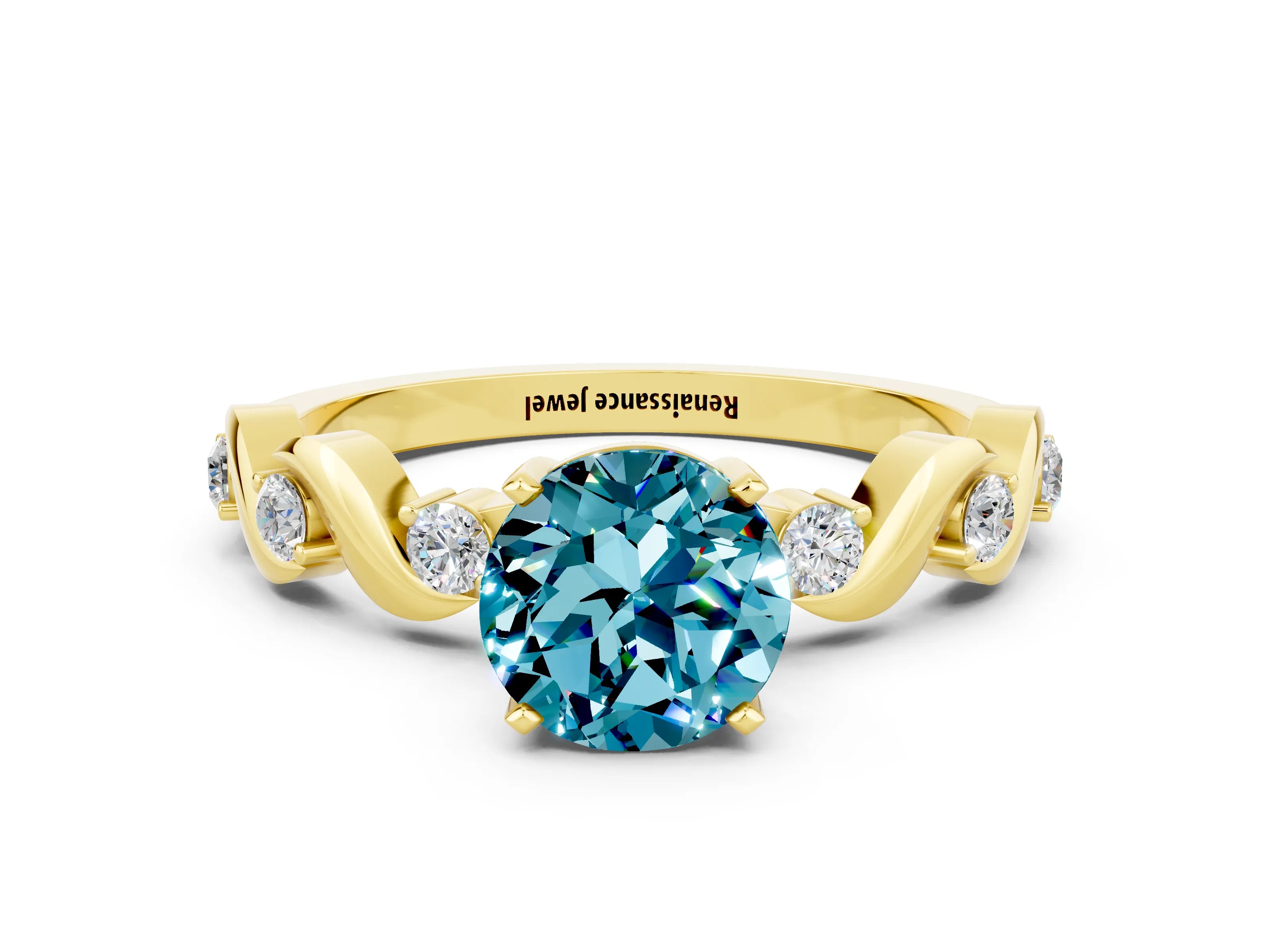 Yellow gold Round Cut Blue Topaz Solitaire Twisted Band with Round  Accents and Prong Setting_12