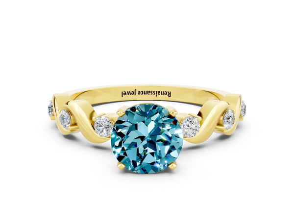 Yellow gold Round Cut Blue Topaz Solitaire Twisted Band with Round  Accents and Prong Setting