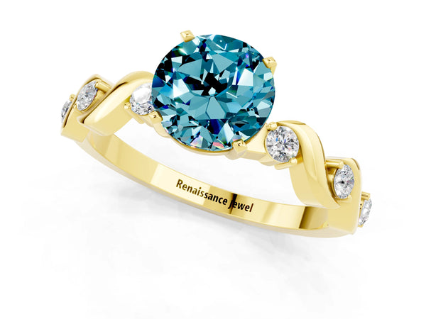 Yellow gold Round Cut Blue Topaz Solitaire Twisted Band with Round  Accents and Prong Setting