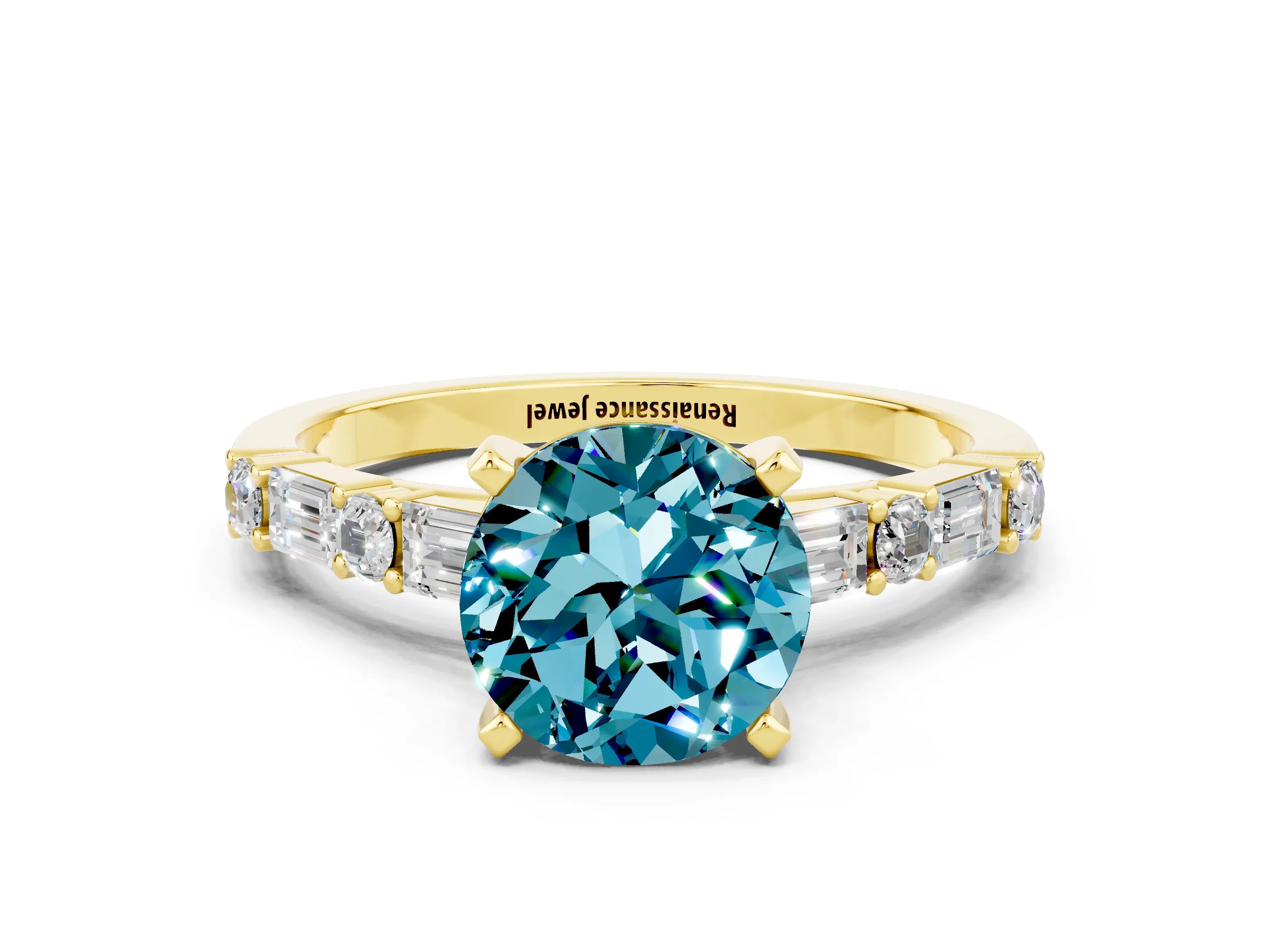 Yellow gold Round Cut Blue Topaz Solitaire with Side Baguettes and Channel Set Band