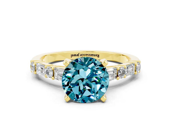 Yellow gold Round Cut Blue Topaz Solitaire with Side Baguettes and Channel Set Band