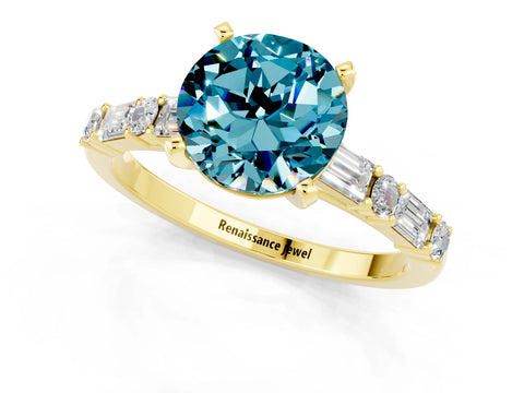 Yellow gold Round Cut Blue Topaz Solitaire with Side Baguettes and Channel Set Band_1