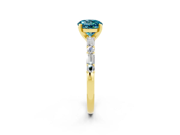 Yellow gold Round Cut Blue Topaz Solitaire with Side Baguettes and Channel Set Band