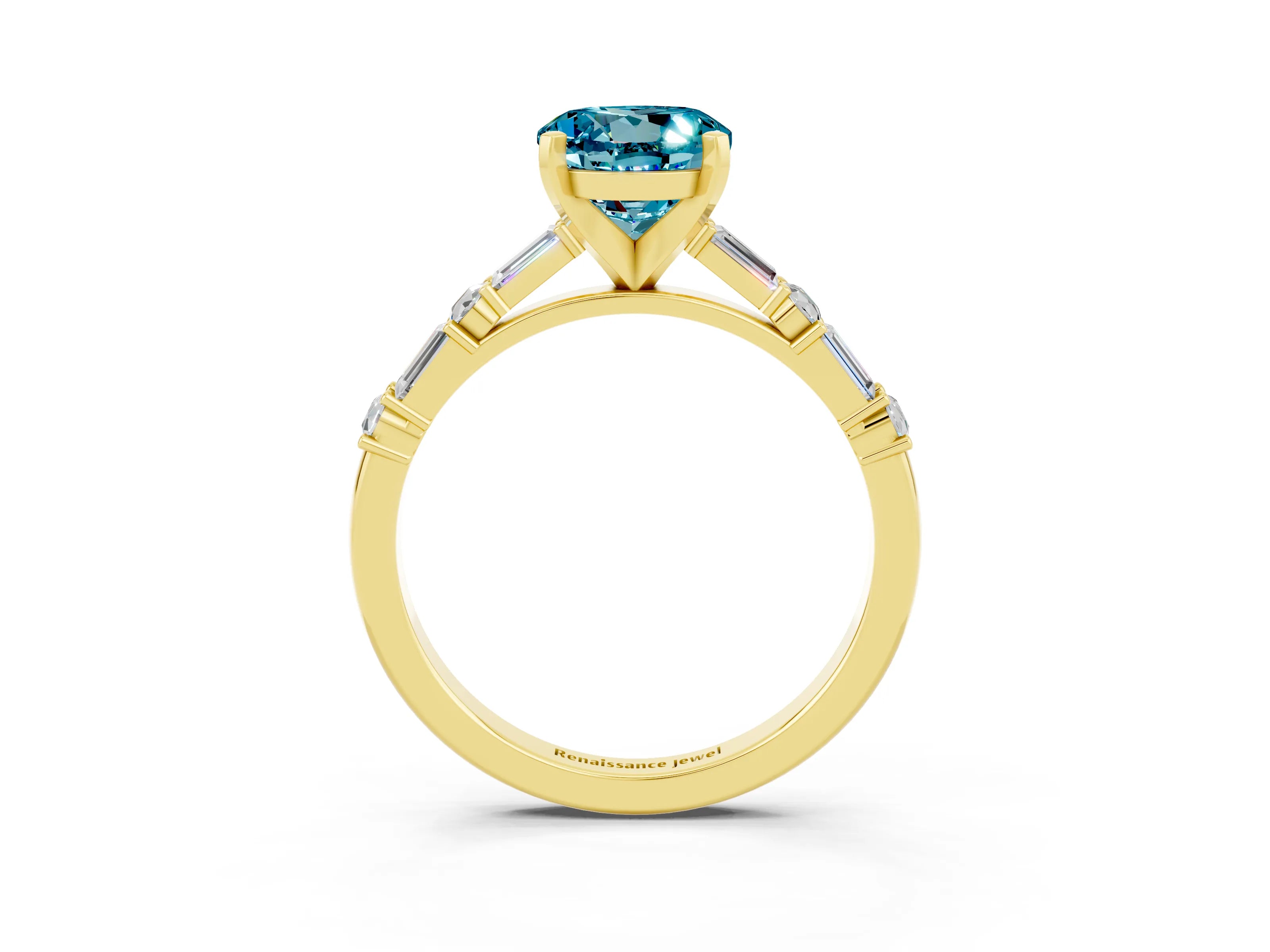 Yellow gold Round Cut Blue Topaz Solitaire with Side Baguettes and Channel Set Band_3
