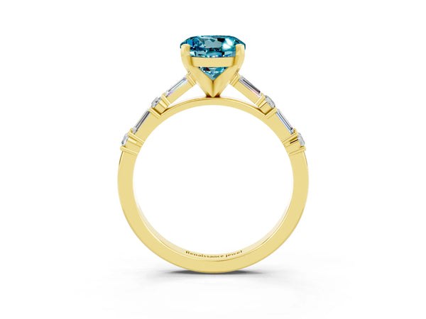 Yellow gold Round Cut Blue Topaz Solitaire with Side Baguettes and Channel Set Band