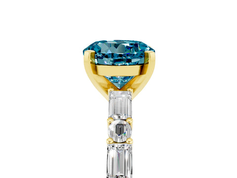 Yellow gold Round Cut Blue Topaz Solitaire with Side Baguettes and Channel Set Band_5
