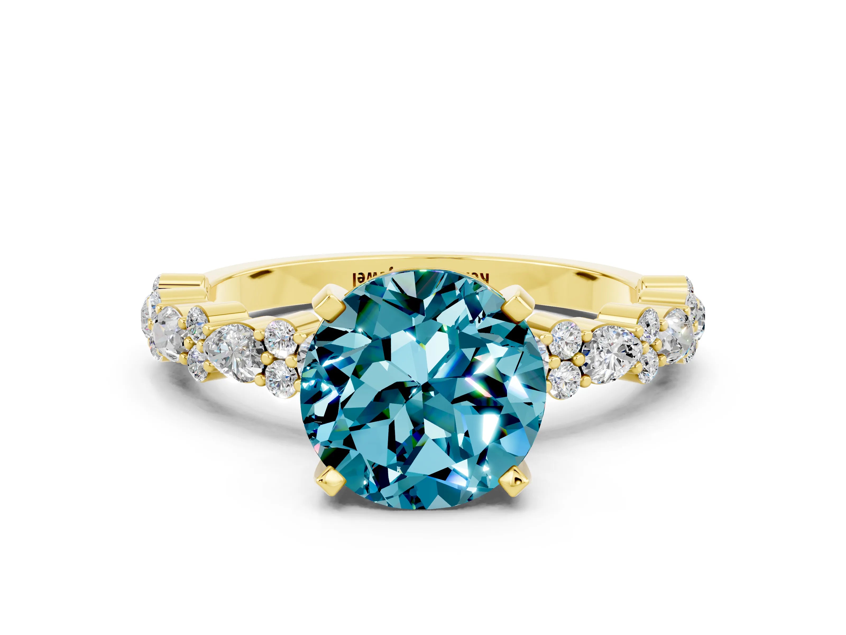 Yellow gold Round Cut Blue Topaz Solitaire with Side Stones, Pave Band, Four-Prong Setting_24