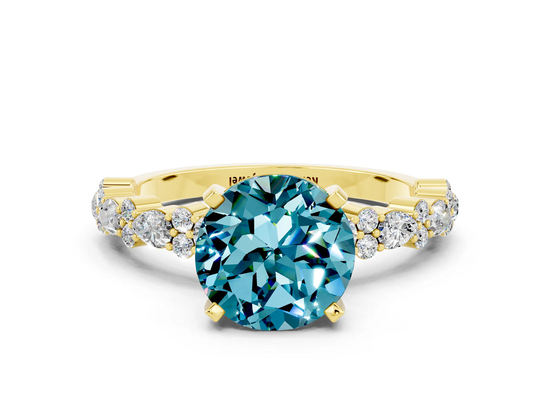 Yellow gold Round Cut Blue Topaz Solitaire with Side Stones, Pave Band, Four-Prong Setting_24
