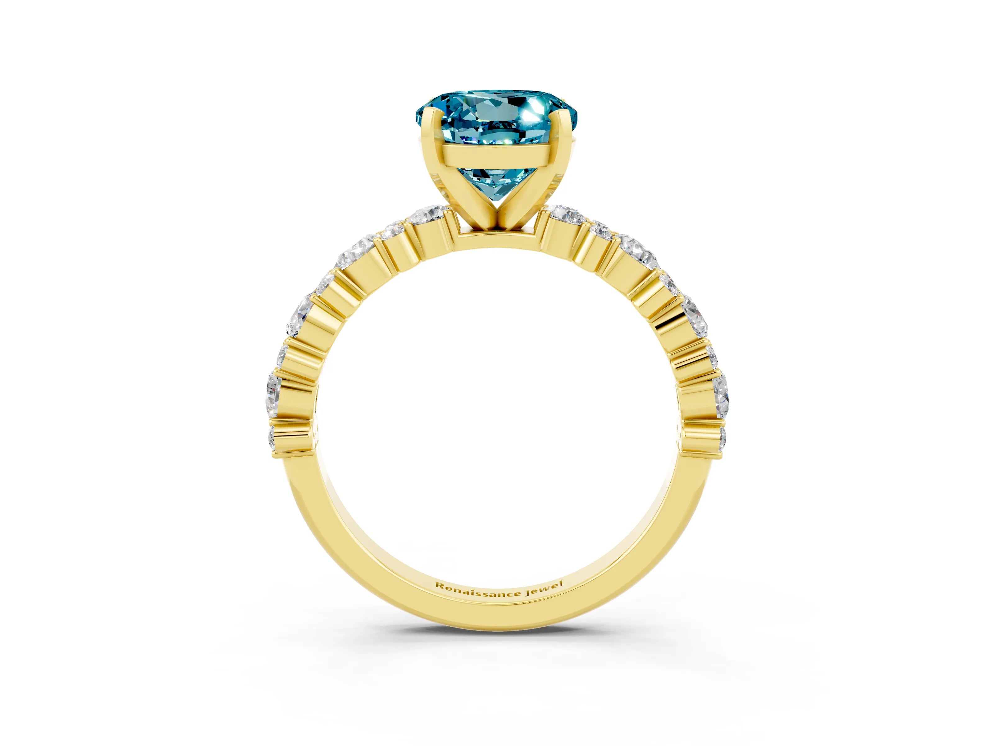 Yellow gold Round Cut Blue Topaz Solitaire with Side Stones, Pave Band, Four-Prong Setting_27