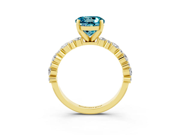 Yellow gold Round Cut Blue Topaz Side Stone Solitaire Ring with Round  and Four-Prong Setting