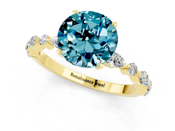 Yellow gold Round Cut Blue Topaz Ring with Marquise and Round  Side Stones and Four-Prong Setting