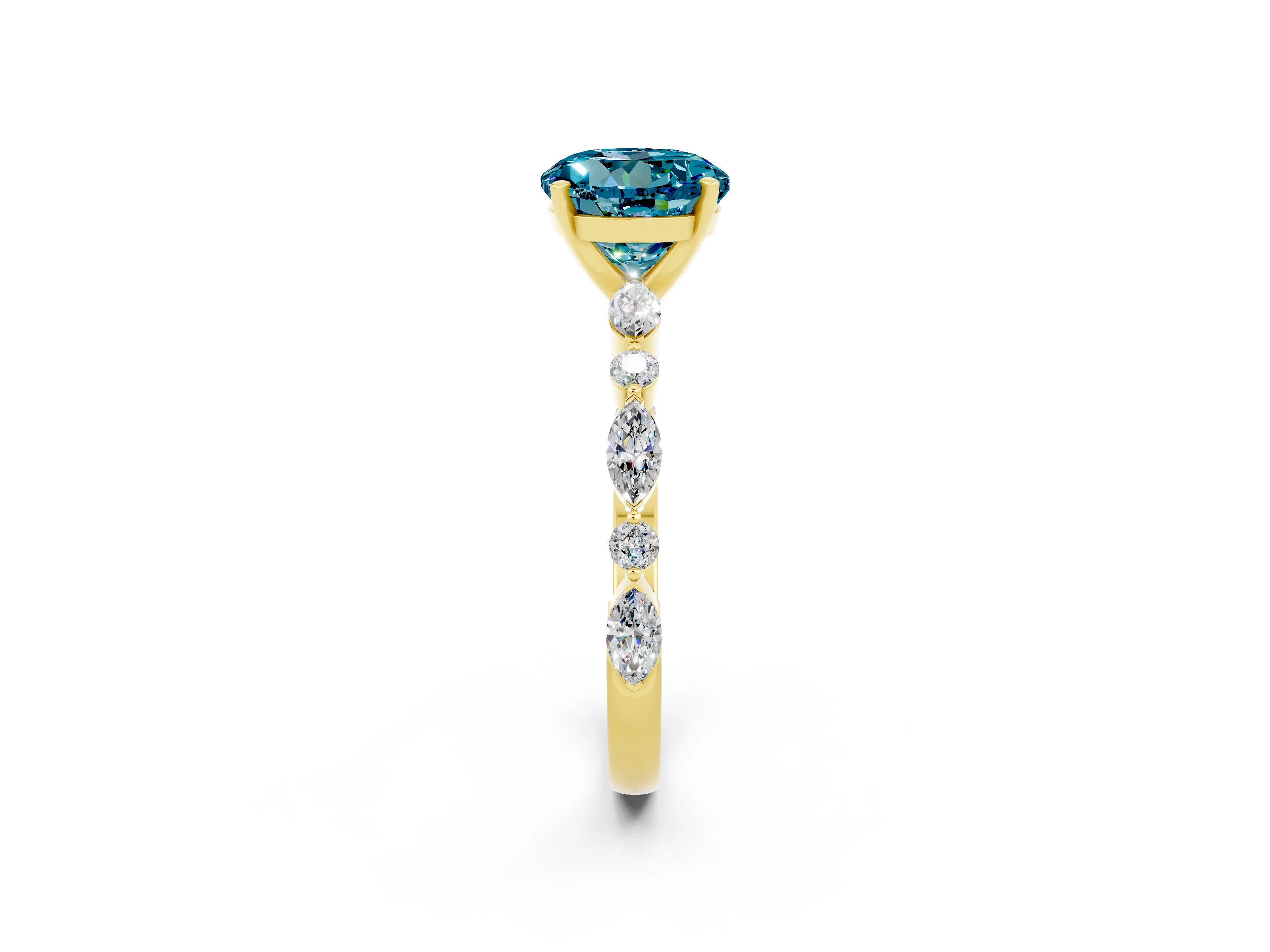 Yellow gold Round Cut Blue Topaz Solitaire with Side Stones on a Pavé Band and Four-Prong Setting_2