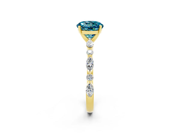 Yellow gold Round Cut Blue Topaz Ring with Marquise and Round  Side Stones and Four-Prong Setting