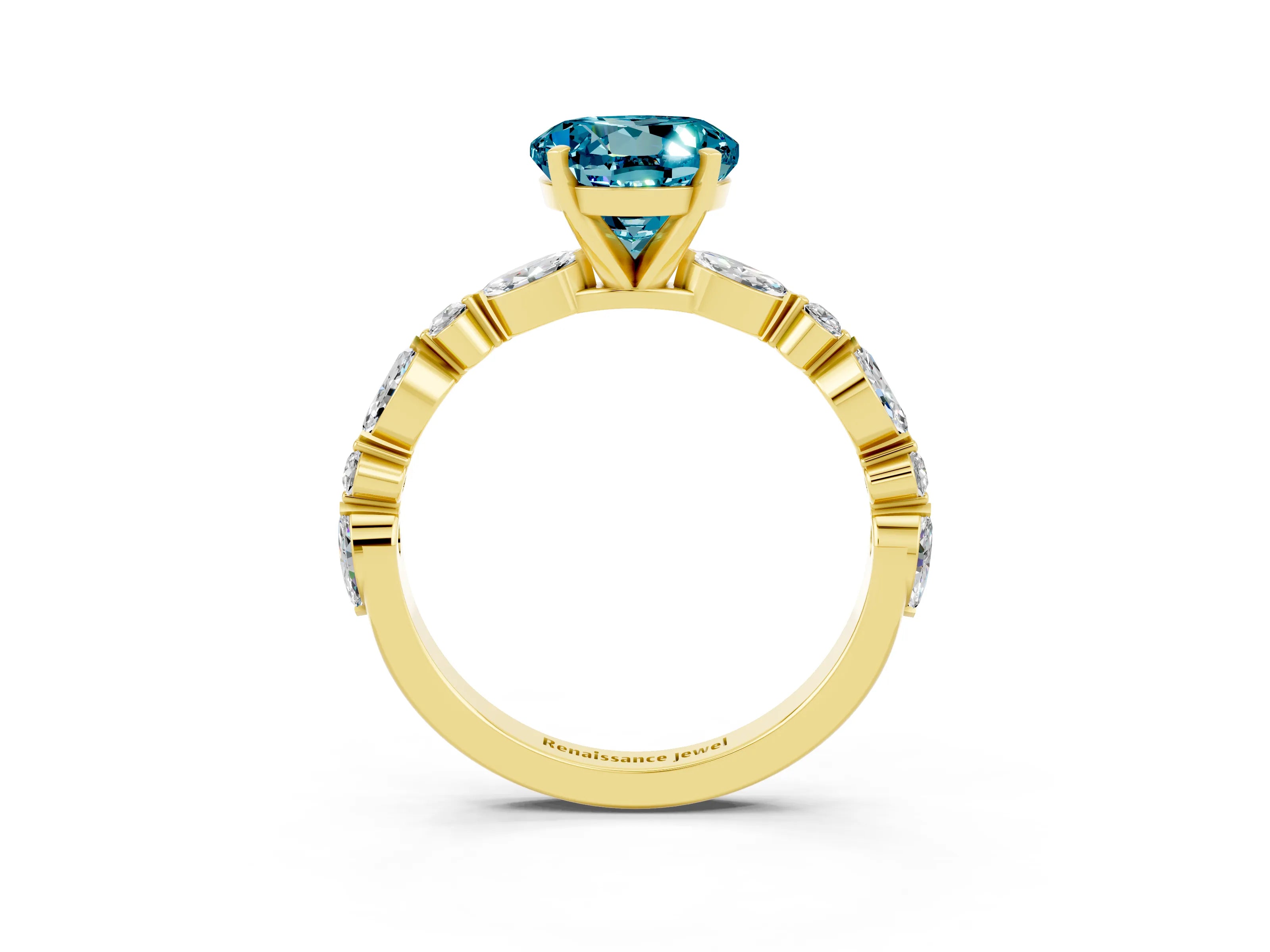 Yellow gold Round Cut Blue Topaz Solitaire with Side Stones on a Pavé Band and Four-Prong Setting_3