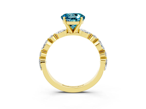 Yellow gold Round Cut Blue Topaz Ring with Marquise and Round  Side Stones and Four-Prong Setting
