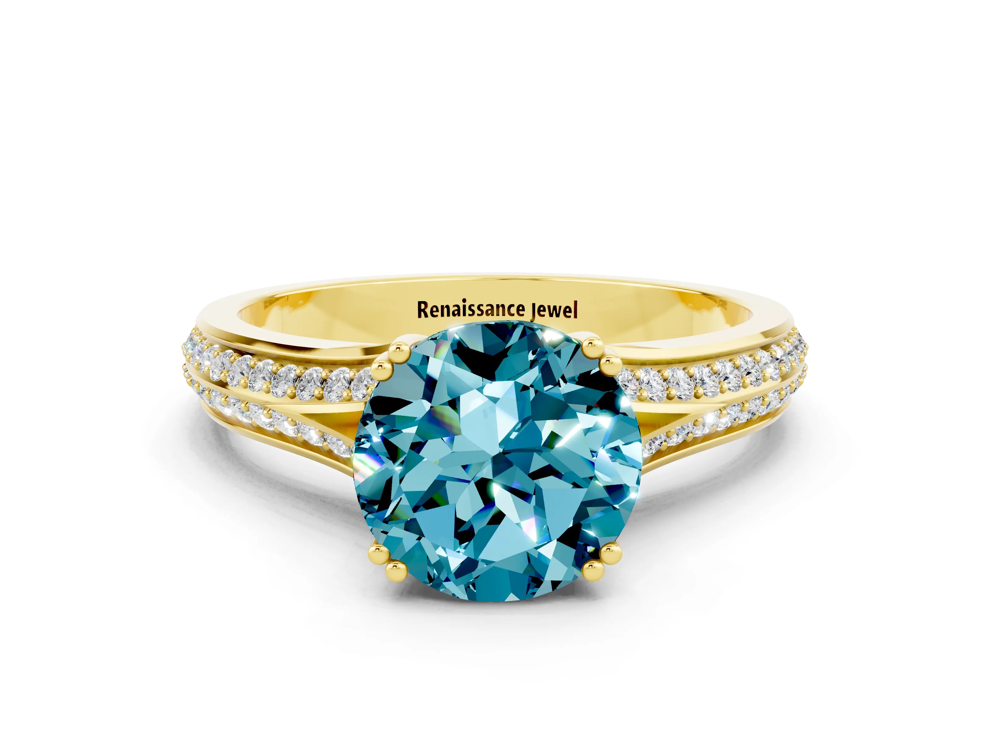 Yellow gold Round Cut Blue Topaz Split Shank Engagement Ring with Pavé Band