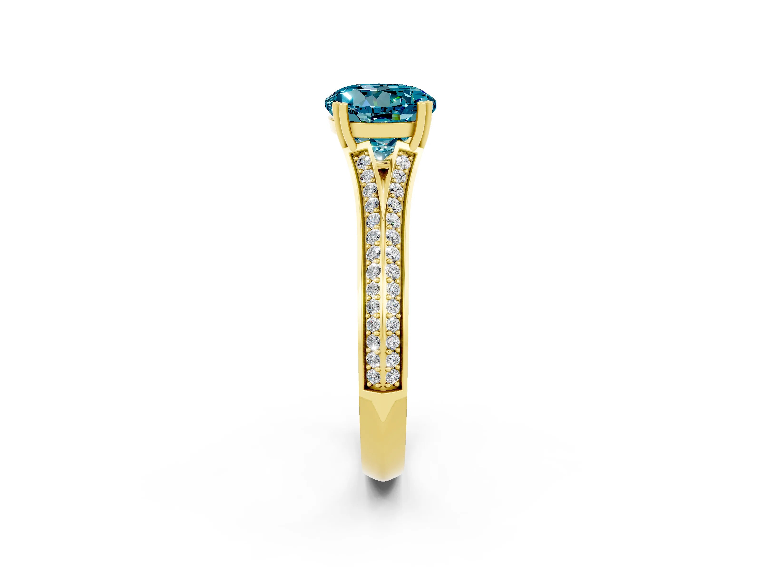 Yellow gold Round Cut Blue Topaz Split Shank Engagement Ring with Pavé Band_2