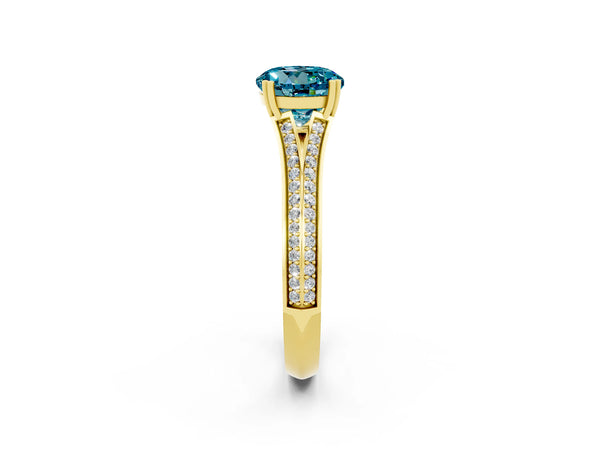Yellow gold Round Cut Blue Topaz Split Shank Engagement Ring with Pavé Band