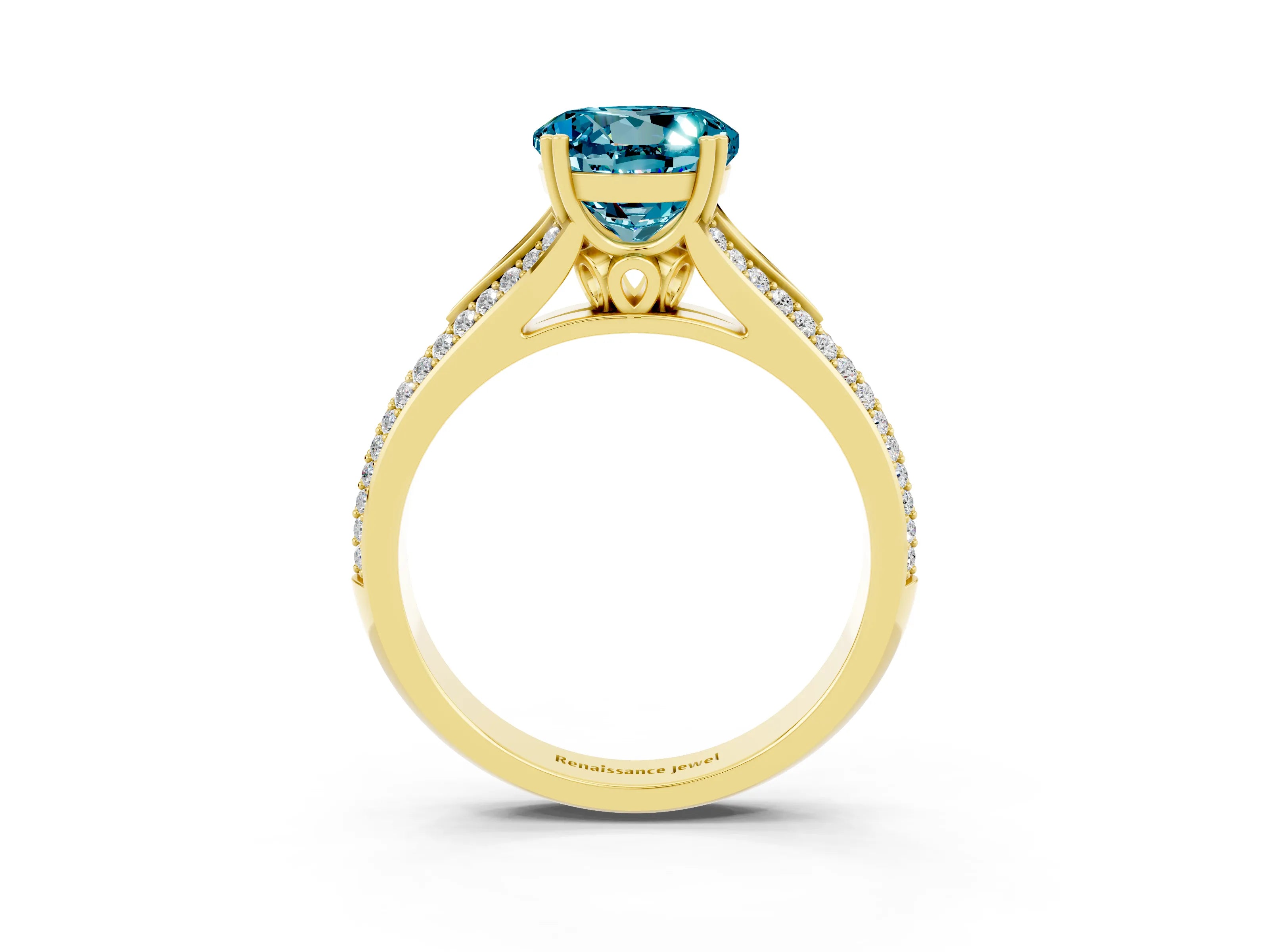 Yellow gold Round Cut Blue Topaz Split Shank Engagement Ring with Pavé Band_3