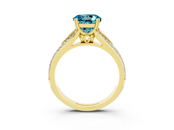 Yellow gold Round Cut Blue Topaz Split Shank Engagement Ring with Pavé Band