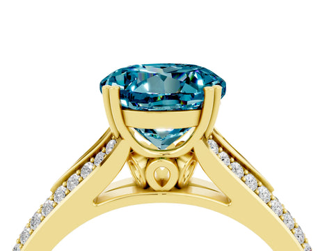 Yellow gold Round Cut Blue Topaz Split Shank Engagement Ring with Pavé Band_4