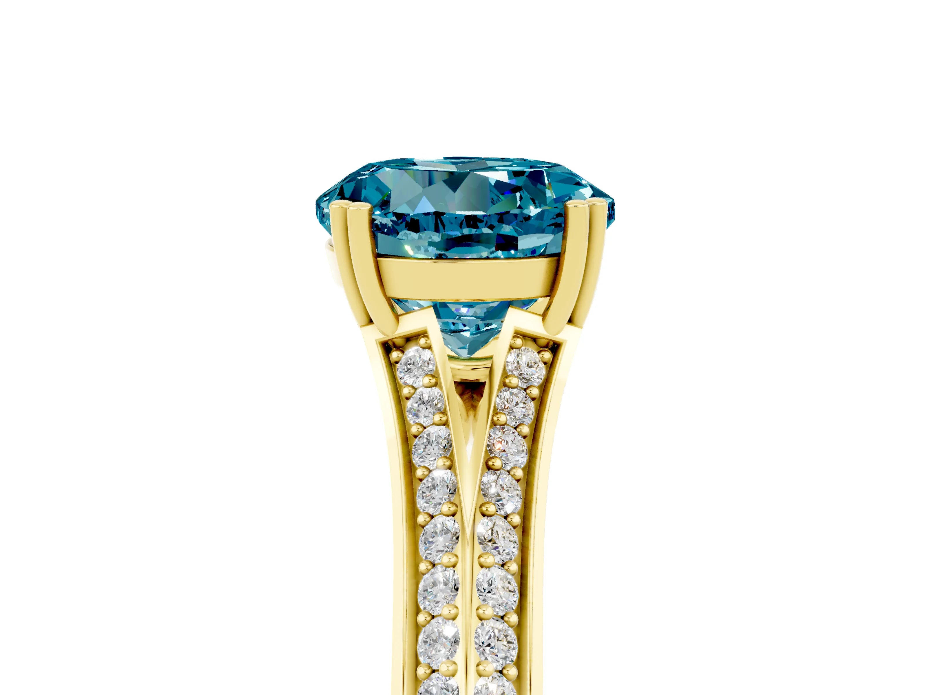 Yellow gold Round Cut Blue Topaz Split Shank Engagement Ring with Pavé Band_5