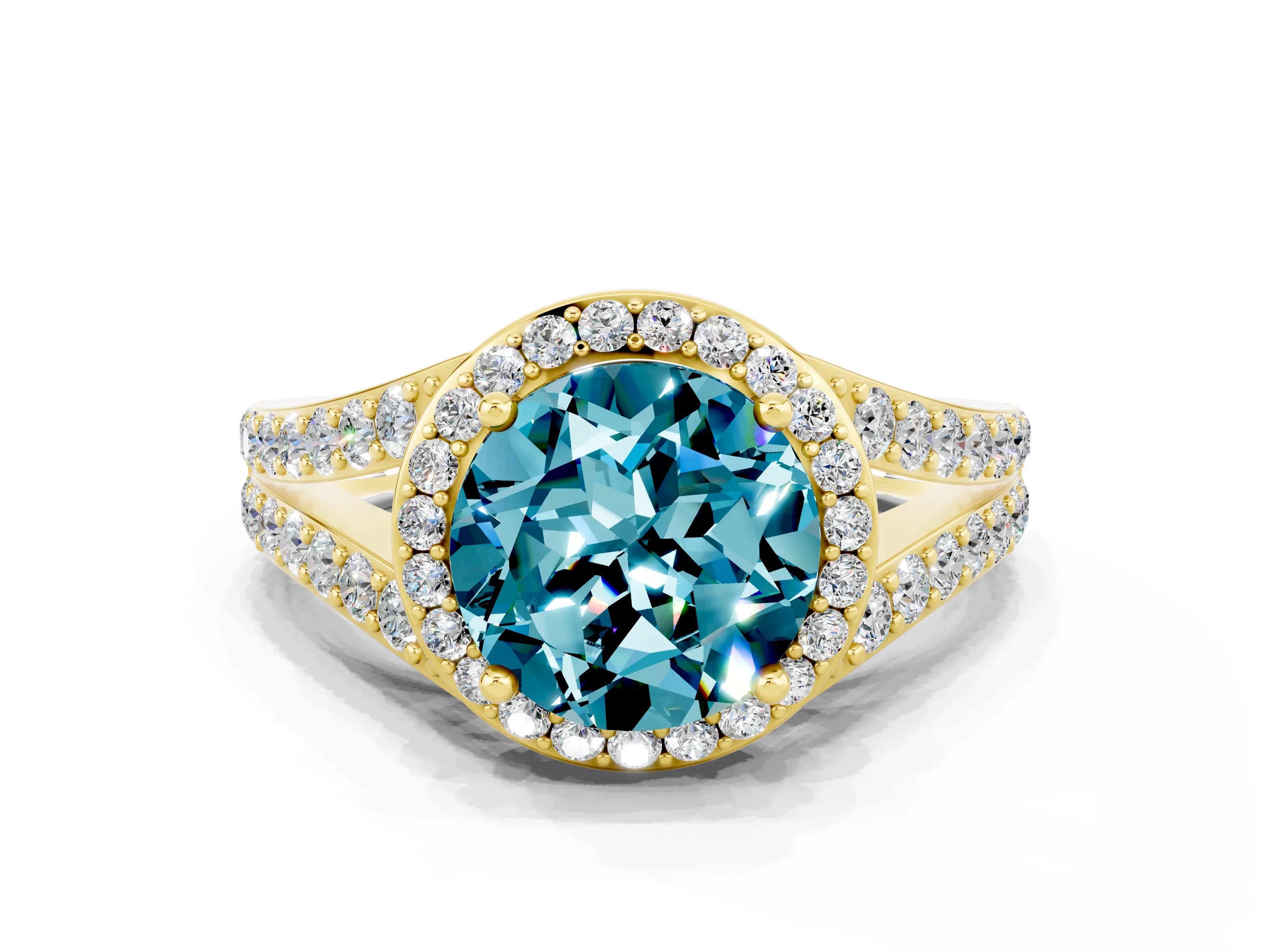 Yellow gold Round Cut Blue Topaz Split Shank Halo Ring with Four-Prong Setting_12