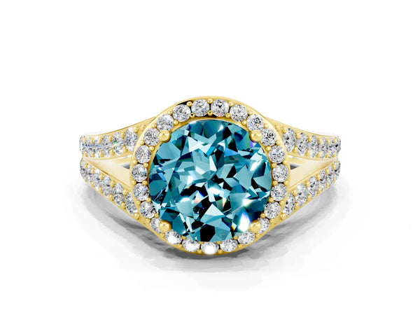 Yellow gold Round Cut Blue Topaz Split Shank Halo Ring with Four-Prong Setting
