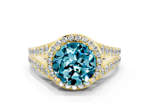 Yellow gold Round Cut Blue Topaz Split Shank Halo Ring with Four-Prong Setting_12