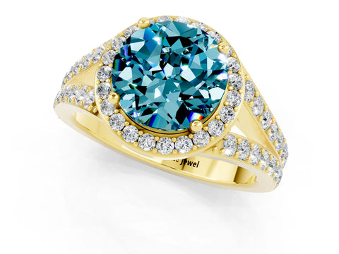 Yellow gold Round Cut Blue Topaz Split Shank Halo Ring with Four-Prong Setting_13