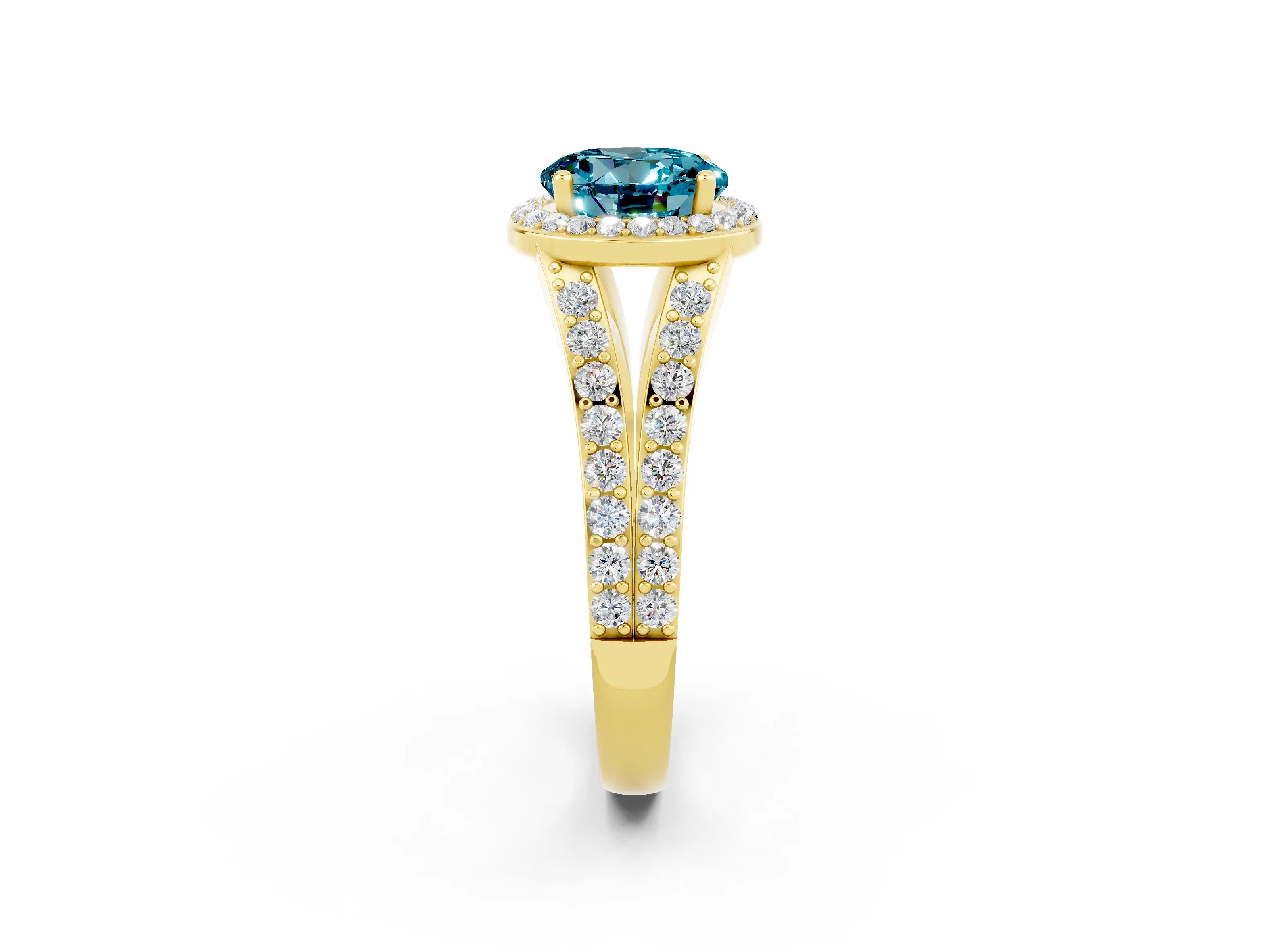 Yellow gold Round Cut Blue Topaz Split Shank Halo Ring with Four-Prong Setting_14