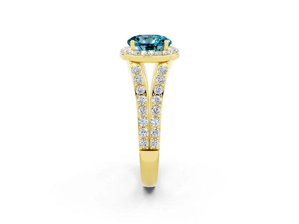 Yellow gold Round Cut Blue Topaz Split Shank Halo Ring with Four-Prong Setting