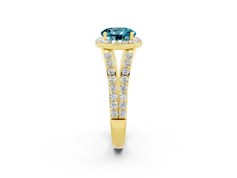 Yellow gold Round Cut Blue Topaz Split Shank Halo Ring with Four-Prong Setting_14